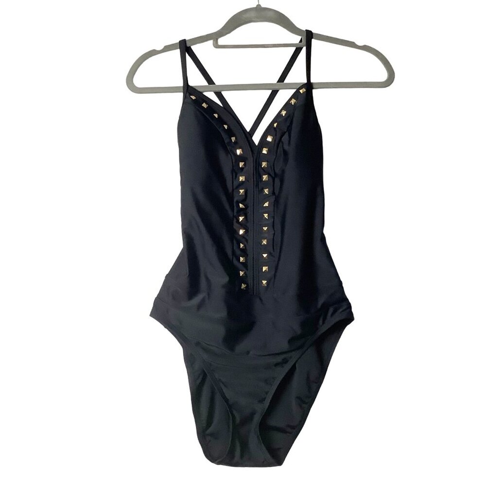 BLEU Rod Beattie One Piece Swimsuit Women Size 6 Black Metal Detail Low Back